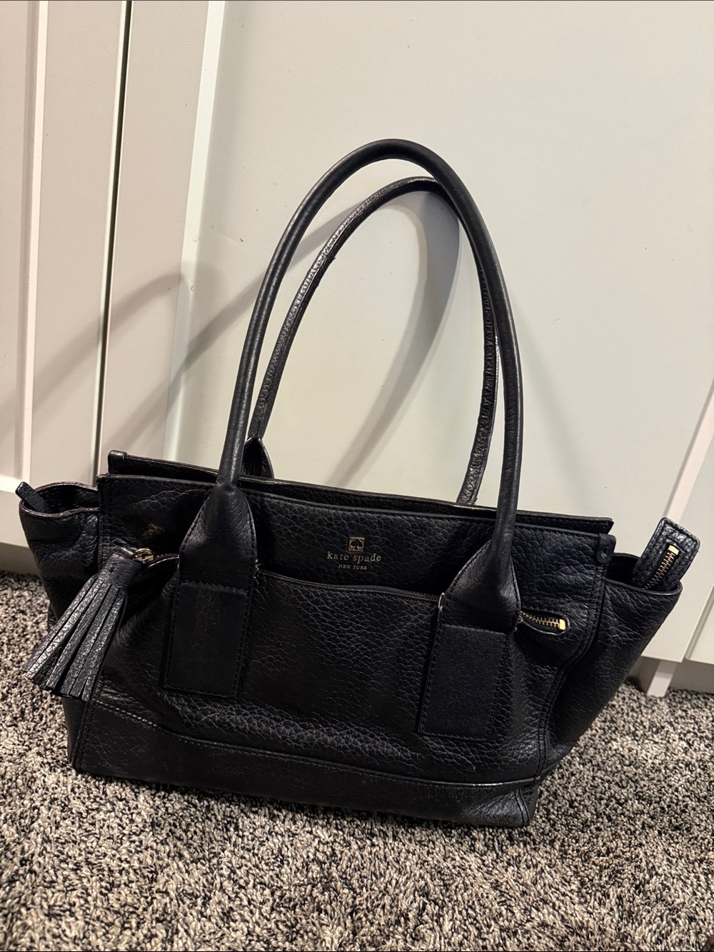 Kate Spade New York Black Pebbled Leather Tote Shoulder Bag Tassel